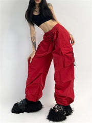 Cyber Y2K Red Parachute Pants Women Hip Hop Streetwear Gray Cargo Trousers Oversized Egirl Punk Black Wide Leg Pantalones