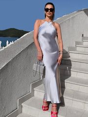 Dresses For Women Summer Fashion Solid Satin Long Dress Halter Backless Sexy Lady Elegant Evening Dress Vestido De Mujer