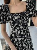 Vintage French Sexy Bodycon Black Floral Square Collar Office Lady Midi Chiffon Dress Women Party Elegant Clothes Summer