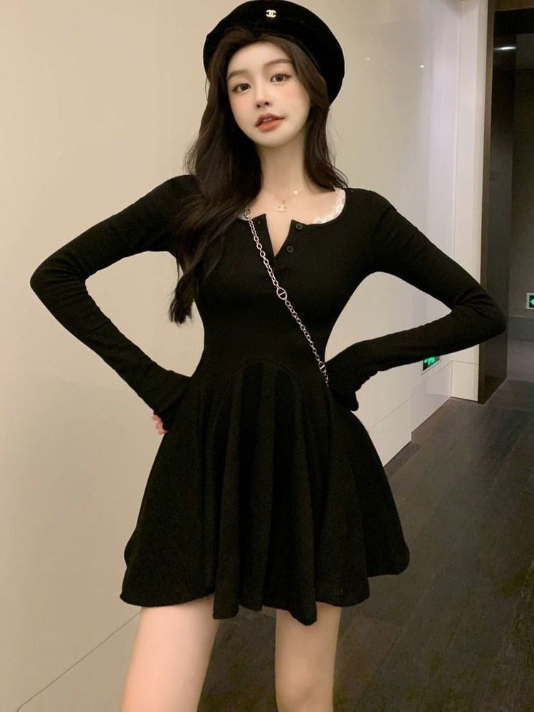 Black Wrap Dress Women Korean Style Bodycon Lace Long Sleeve Short Dresses Autumn Kpop Outfits Solid