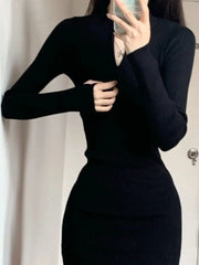 Black Bodycon Knitted Dress Women Sexy Wrap Slim Short Dresses  Autumn Fall Solid Outfits Robes Femlae