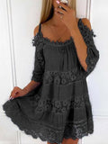 New Casual Loose Smocked Sundress Summer Vintage Lace Paneled Resort Style Dress Women Sling Off Shoulder Beach Dresses Vestidos