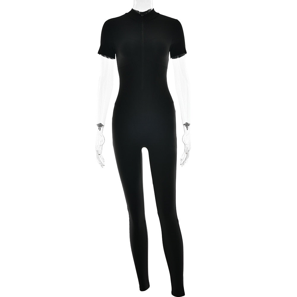 Sexy Elegant Women Zip-up O-neck Long Sleeve Jumpsuit Streetwear Summer Female Overalls One Piece Fitness Sports Bodysuits