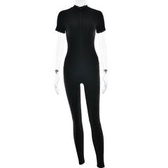 Sexy Elegant Women Zip-up O-neck Long Sleeve Jumpsuit Streetwear Summer Female Overalls One Piece Fitness Sports Bodysuits