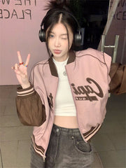 Korean Fashion Pink Bomber Jacket Women Oversized Y2K Vintage Preppy Blue Zip Up Outerwear Kpop Patchwork Varsity Jackets