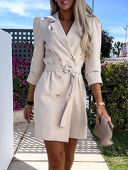 Women Solid Office Commuter Slim Mini Dress Sexy Chic Long Sleeve A-Line Coat Dress Elegant Lapel Double Breasted Lace-Up Dress