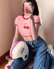 Summer Round Neck Short Sleeve Pink Lovely Sweet Girl T-Shirts Casual Slim Crop Top Fashion Female Streetwear Tees