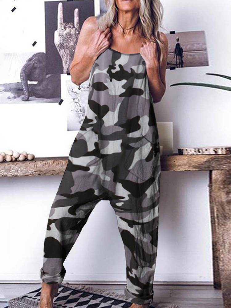 Women Camouflage Printed Jumpsuits Celmia Summer Spaghetti Strap Casual Loose Drop-Crotch Long Rompers Harem Pants Overalls