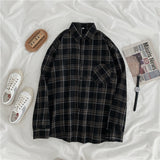 Vintage Women Plaid Shirts Loose Oversize Long Sleeve Button Up Fall Shirt Casual Pocket Female Tops Korean Black Tops