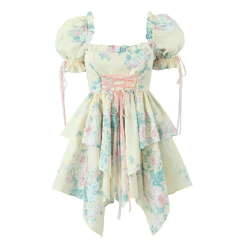 Princess Rope Flowers Sweet Princess Cross Rope Bow Front Flower Print Irregular Ball Gown D ...
