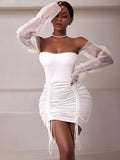 Sexy Sheer Sleeve Evening Party Dress Summer Holiday Birthday Club Partywear White Off Shoulder Mini Short Dresses Women