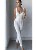 High Quality Black White sleeveless Weaving Rayon Bandage Jumpsuit Cocktail Party Bodycon Jumpsuit Vestidos