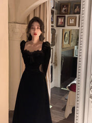 Autumn Black Velvet Midi Dress Casual Korean Fashion Elegant Party Dress Woman Long Sleeve Vintage Lace Dress Slim Design