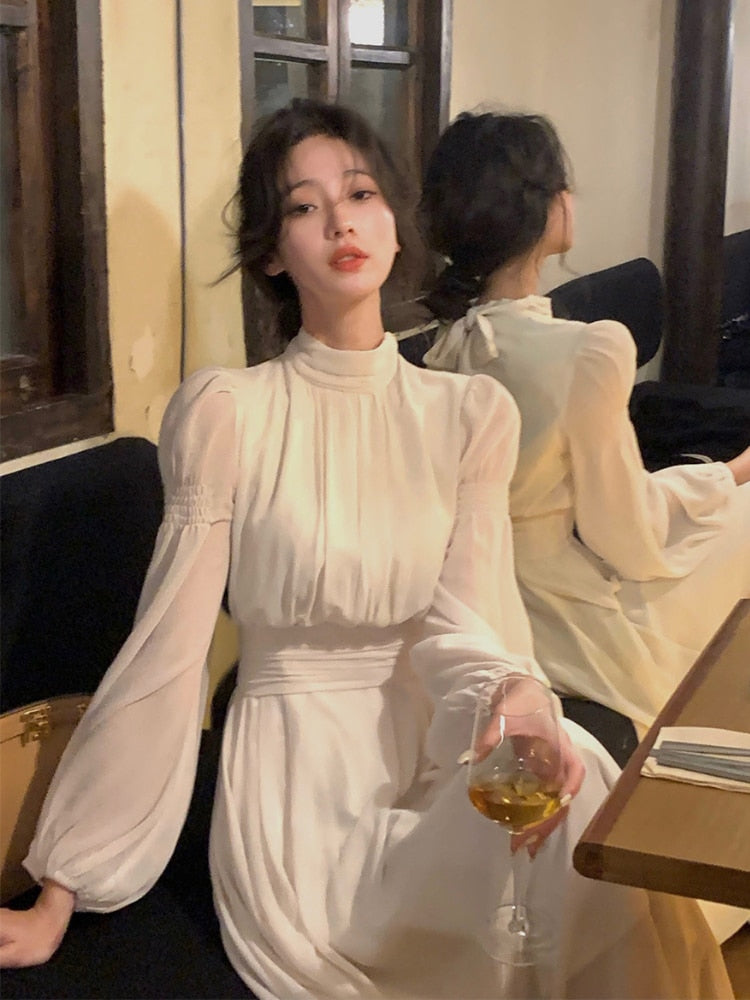 Spring Turtleneck White Midi Dress Women  Long Sleeve French Elegant One Piece Dress Korean Fashion Y2k Clothing Design