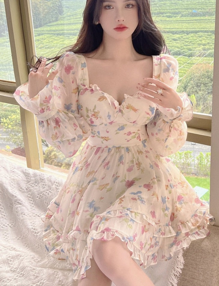 Summer Sweet V-Neck Floral Chiffon Dress Women Elegant Long Sleeve Ruffles Party Mini Dresses Female Korean Chic Slim Vestidos