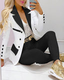 Women Turn Down Collar Double Breasted Long Sleeve Blazer Coat & Plain Pants Set Two Piece Elegant Suit Office Lady Outfits