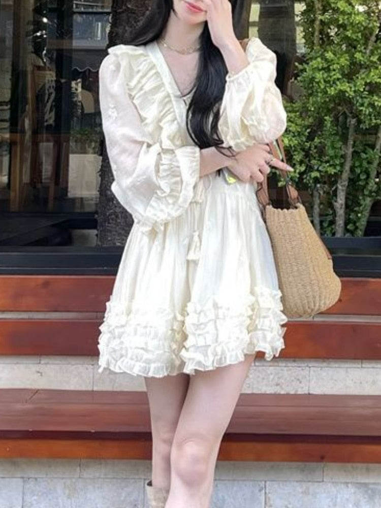 Sweet Ruffle Fairy Mini Dress Women Sexy V-neck Korean Style Princess Dress Autumn Design Elegant Women's Dresses for Party