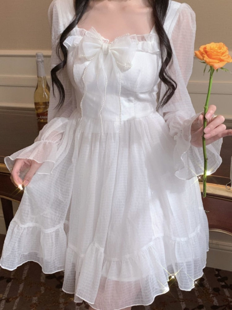White Kawaii Dress Women Chiffon Lolita Style Long Sleeve Mini Dresses Bow Fairy Robe Ruffles Patchwork Square Collar