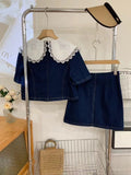 Summer Women Sweet Denim Suit Lace Peter Pan Collar Single Breasted Tops+high Waist A-line Skirts Two Piece Set