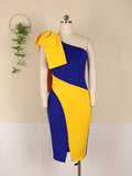 Women Dresses Bodycon Party Sexy One Shoulder Bowtie Blue Yellow Patchwork Irregular Sheath Event Lady African Autumn Night Out  Pbong mid size graduation outfit romantic style teen swag clean girl ideas 90s latina aesthetic
