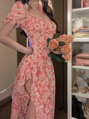 Autumn Beach Floral One Piece Dress Korean Ladies Short Sleeve French Elegant Dress Fashion Party Casual Vintage Midi Dress