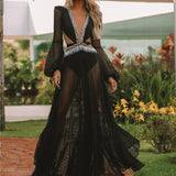 Pbong mid size graduation outfit romantic style teen swag clean girl ideas 90s latina aestheticSexy V-Neck Backless Hollow Out Dress Summer Women Lantern Sleeve Club Party Long Maxi Dresses Tunic Beach Cover Up A916