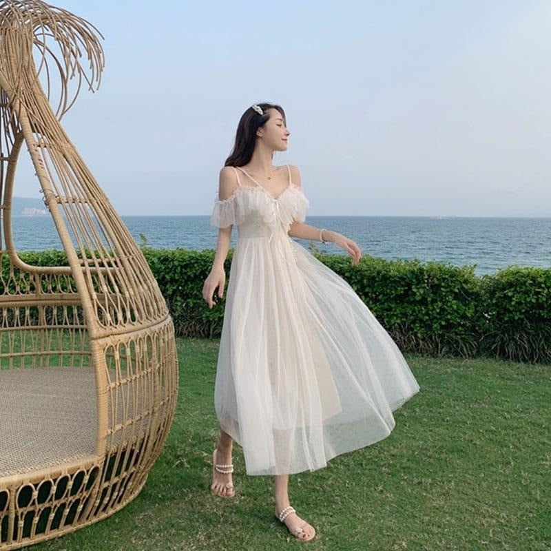 Sweet Kawaii Fairy Princess Mesh Dress Elegant White Spaghetti Strap Off Shoulder Party Dresses Woman Vacation