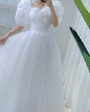 White Elegant Sweet Princess Dress Women Bow Puff Sleeve Korean Kawaii Midi Dress Female Autumn Casual Evening Party Dress