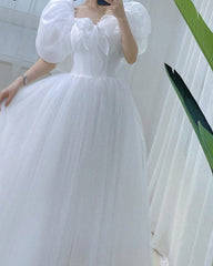 White Elegant Sweet Princess Dress Women Bow Puff Sleeve Korean Kawaii Midi Dress Female Autumn Casual Evening Party Dress
