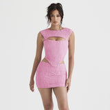 Pink Sleeveless 2 Piece Dress Set Sexy Cut Out Holiday Party Dresses Casual Cropped Top and Mini Skirt Women