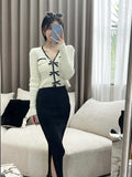 Elegant Knitted Pullover Office Lady Autumn Casual Long Sleeve Y2k Clothing V-neck Korean Style Fashion Slim Blouse Woman