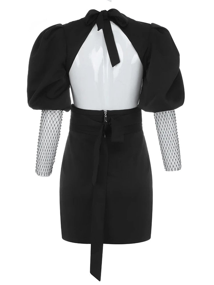 Articat Sexy Puff Crystal Diamond Sleeve Bodycon Dress Women Elegant Backless Mini Dress High Street Black Deep V-neck Vestidos