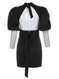 Articat Sexy Puff Crystal Diamond Sleeve Bodycon Dress Women Elegant Backless Mini Dress High Street Black Deep V-neck Vestidos