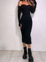 Knit Off Shoulder Midi Dress Sexy Long Sleeve Folds Bodycon Women Prom Casual Streetwear Wedding Evening Autumn Dress