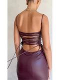 Sexy Bandage Backless Pu Leather Dress Women Elegant Banquet Party Formal Vestidos Christmas Night Club Outfits Robes
