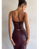 Sexy Bandage Backless Pu Leather Dress Women Elegant Banquet Party Formal Vestidos Christmas Night Club Outfits Robes