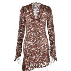 Sexy See Through V-neck Longsleeve Lace Mini Dress Women Summer Skinny Hollow Out Dresses Club Party Clothes