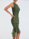 Elegant Ruffle Ruched Midi Dress For Women Robe Summer New Backless Sleeveless Irregular Club Party Sexy Dress Vestido