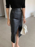 Spring Autumn Women Fashion High Waist Pu Midi Skrits Lady Slim Elegant Split Solid Color Faux Leather Skirts