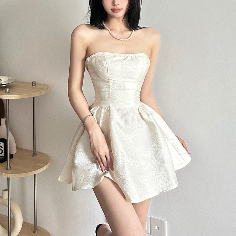 Summer Harajuku Strapless Dress Solid Casual A-Line High Dress Waist Loose Printing Slash Neck Short Mini Dresses Woman