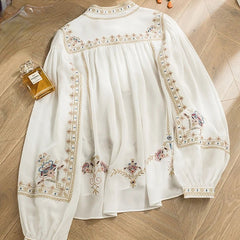Lace Embroidery White Women Shirts Summer New O-Neck Long-Sleeved Loose Elegant Office Lady Outwear Tops