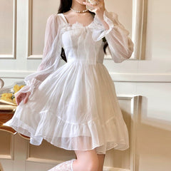 French Sweet Fairy Lolita Dress Women Long Sleeve Lace Y2k Mini Dress Vintage Kawaii Clothes One Piece Dress Korean Summer
