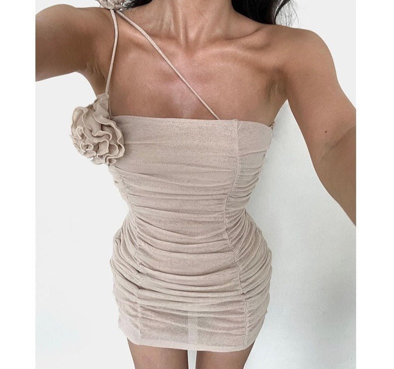 Vintage Mesh Pleated Dress Aesthetic Flower Oblique Collar Off Shoulder Mini Dresses Summer New Party Backless Vestidos
