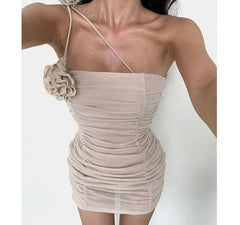 Vintage Mesh Pleated Dress Aesthetic Flower Oblique Collar Off Shoulder Mini Dresses Summer New Party Backless Vestidos