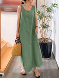 Summer New Long Version Sling Cotton Linen Simple Loose Pocket Round Neck Temperament Sleeveless Dress Women Dress for Women