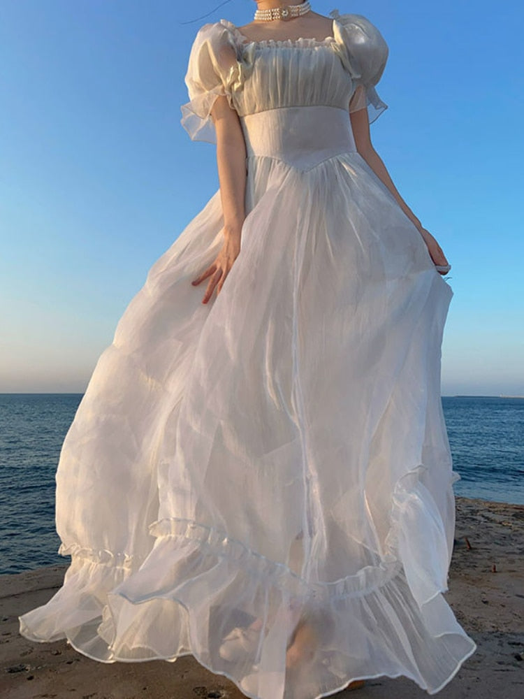 French Elegant Princess White Dress Women Sexy Backless Sweet Vintage Lolita Dress Female Korean Casual Long Fairy Dresses