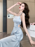 Elegant Women Satin Dress Chic Side Hollow Out Slim A-Line Formal Dresses Spaghetti Strap Square Collar Summer Vestidos