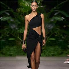 Black White Party Dress Elegant Sexy Asymmetrical Cut Out One Shoulder High Split Long Dresses for Women N71-CG28