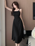 Elegant Women Satin Dress Chic Side Hollow Out Slim A-Line Formal Dresses Spaghetti Strap Square Collar Summer Vestidos