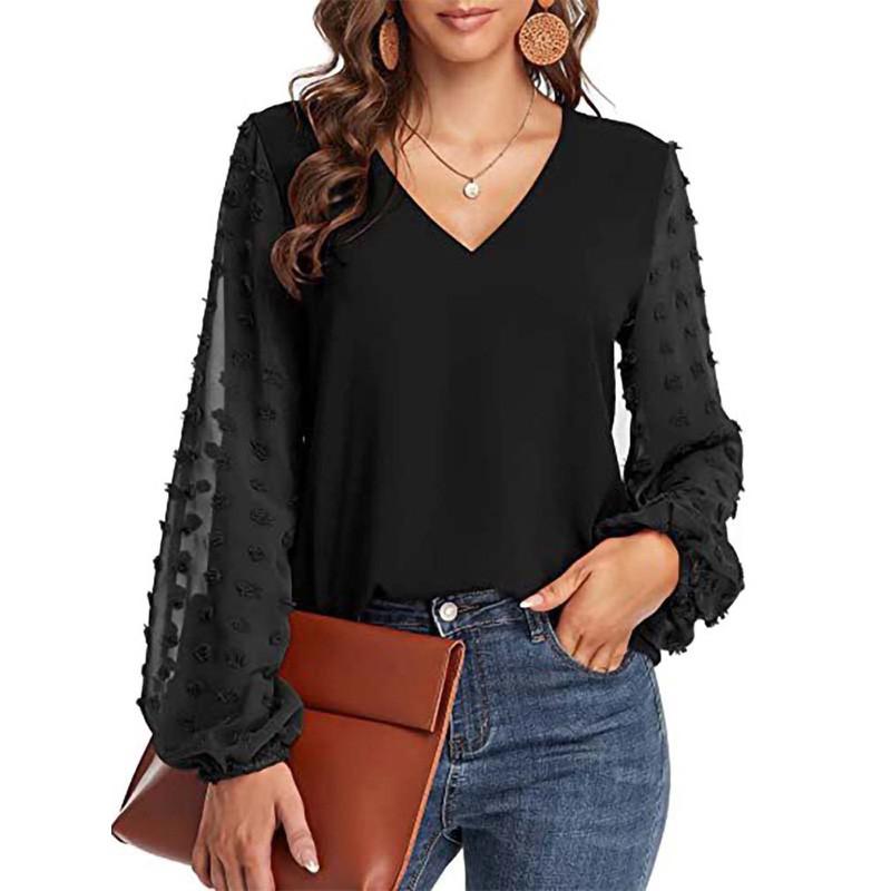 Solid Women Blouse Spring Fashion V Neck Long Sleeve Elegant Office Work Shirts Tops Lady Plus Size Casual Chiffon Blouses